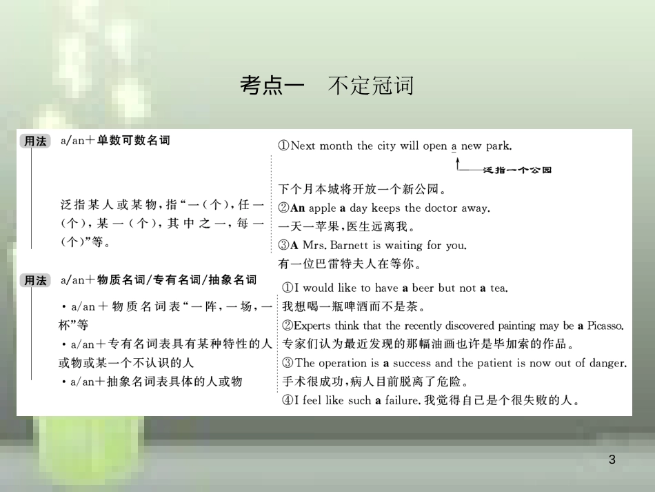 （全国卷）2019届高考英语一轮复习 语法部分 第二讲　冠　词优质课件 新人教版_第3页