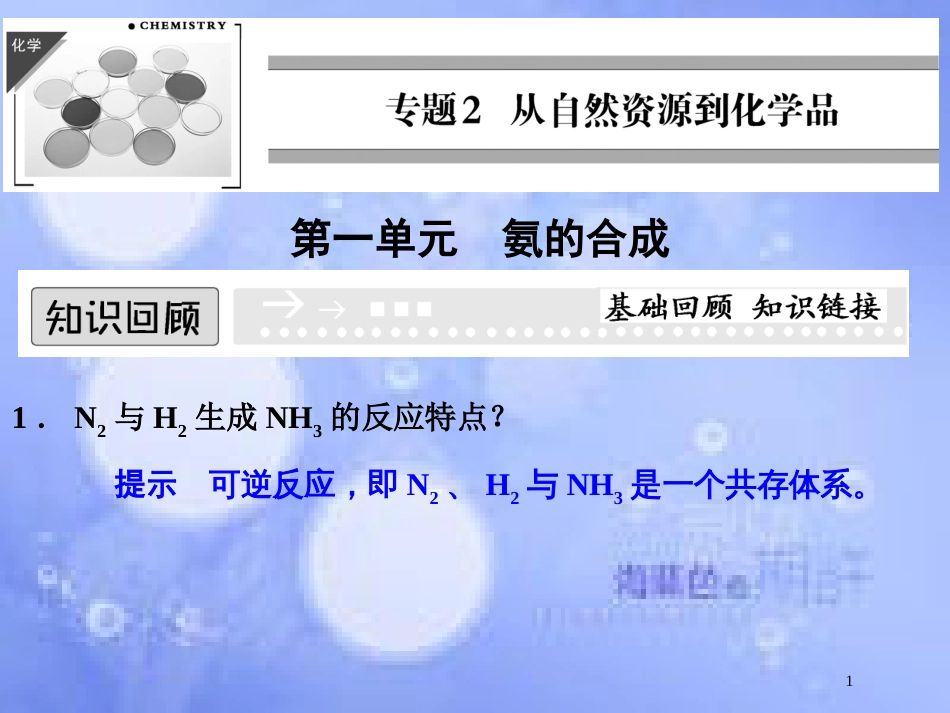 高中化学 专题二 从自然资源到化学品 2.1 氨的合成课件 苏教版选修2_第1页