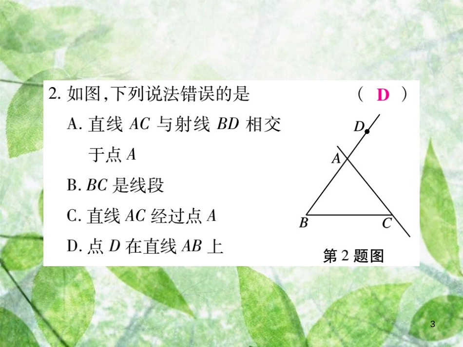 七年级数学上册 第四章 基本平面图形 4.1 线段、射线、直线练习优质课件 （新版）北师大版_第3页