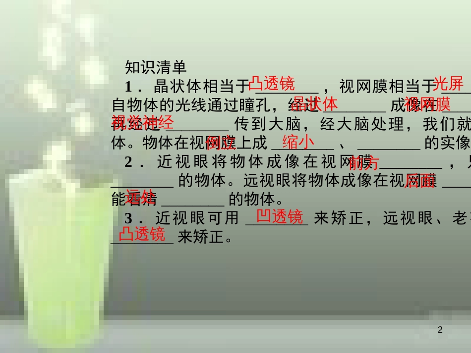 （遵义专版）八年级物理全册 4.6 神奇的眼睛（第1课时 眼睛与眼镜）课堂作业优质课件 （新版）沪科版_第2页