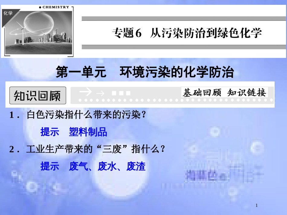 高中化学 专题六 从污染防治到绿色化学 6.1 环境污染的化学防治课件 苏教版选修2_第1页