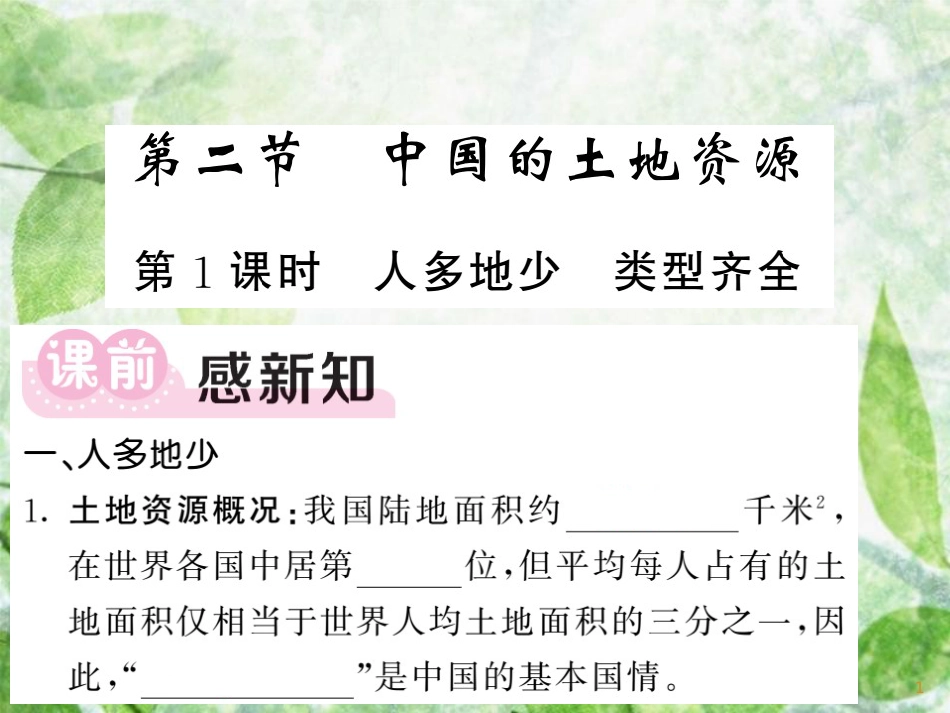 八年级地理上册 第3章 第2节 中国的土地资源（第1课时 人多地少 类型齐全）习题优质课件 （新版）湘教版_第1页