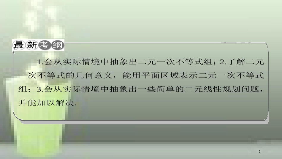 高考数学一轮复习 第七章 不等式 第3节 二元一次不等式（组）与简单的线性规划优质课件 理_第2页