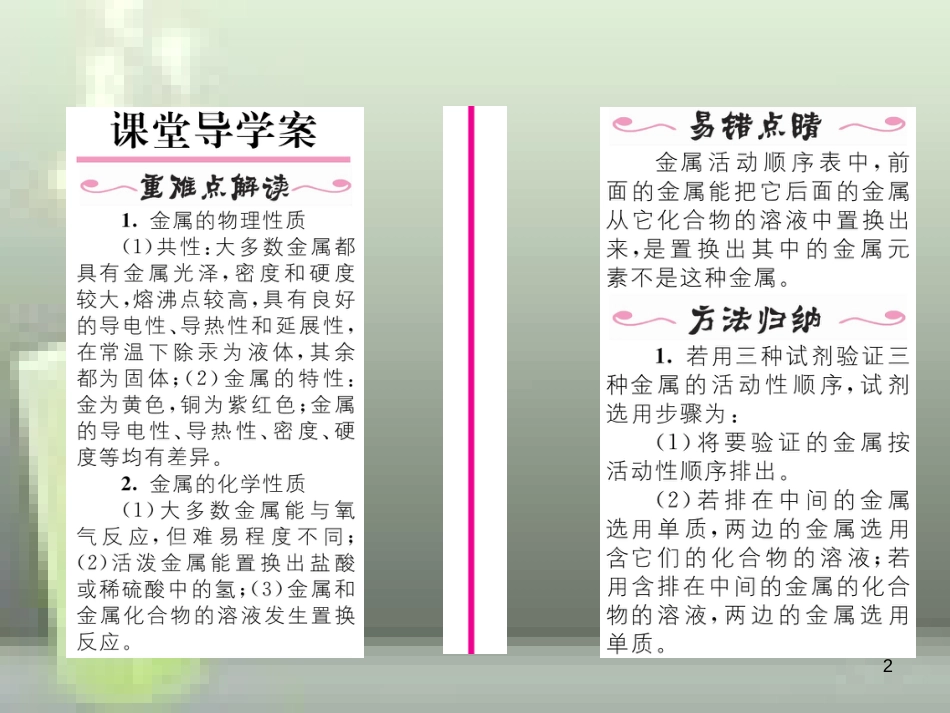 九年级化学下册 第八单元 金属和金属材料 实验活动4 金属的物理性质和化学性质习题优质课件 （新版）新人教版_第2页