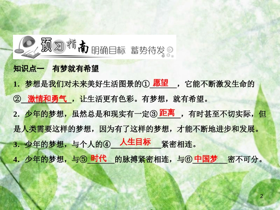 七年级道德与法治上册 第一单元 成长的节拍 第一课 中学时代 第2框 少年有梦习题优质课件 新人教版_第2页