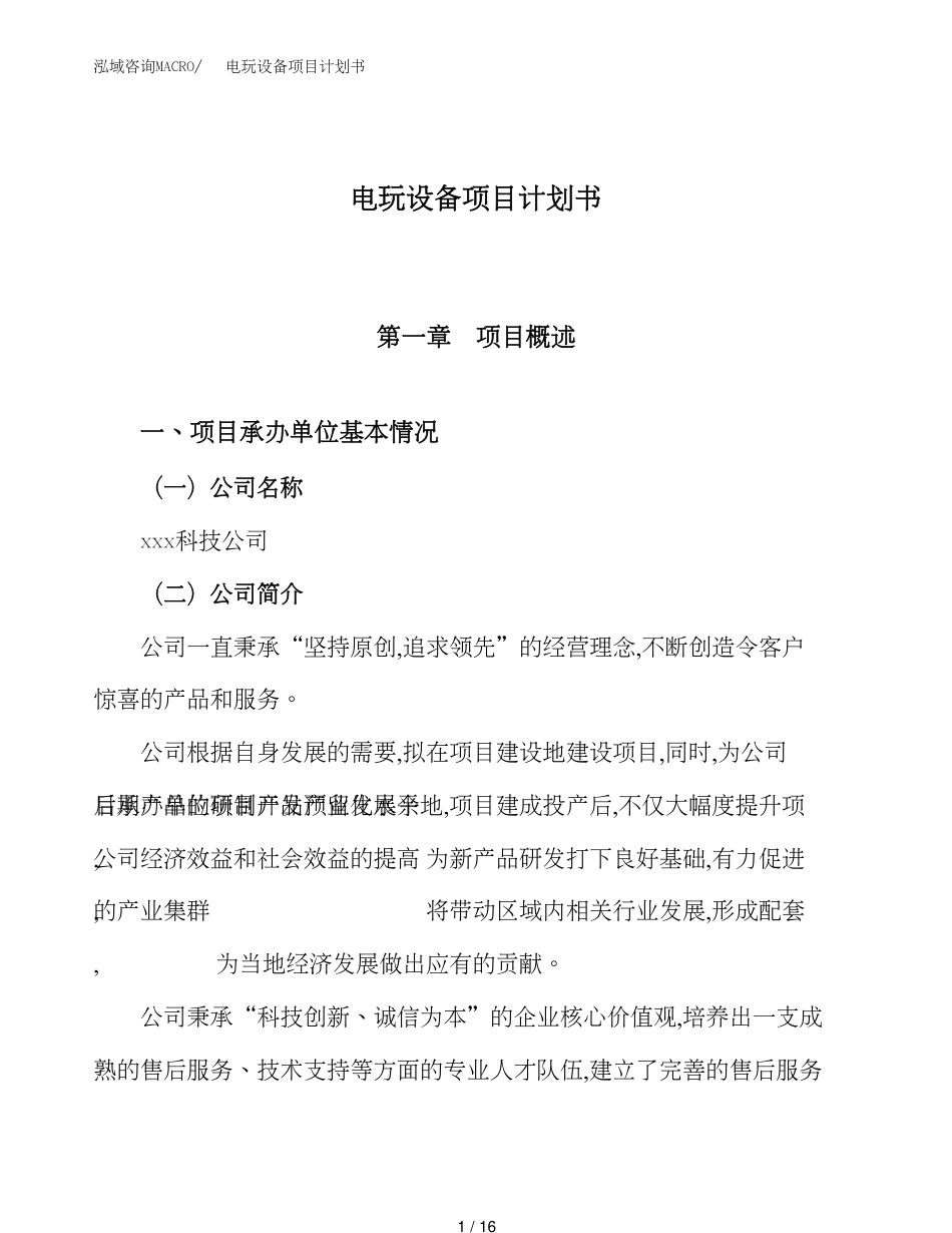 电玩设备项目计划书模板范文_第1页