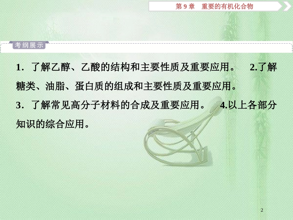 高考化学一轮复习 第9章 重要的有机化合物 第2节 饮食中的有机化合物 塑料 橡胶 纤维优质课件 鲁科版_第2页