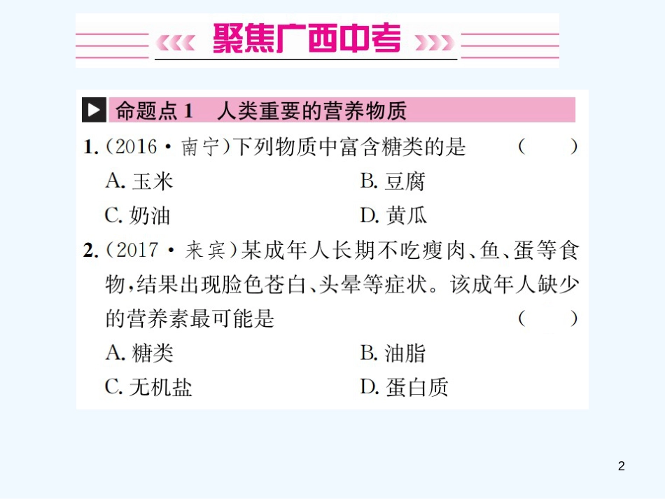 （广西专版）2019年中考化学总复习 教材考点梳理 第12单元 化学与生活优质课件_第2页