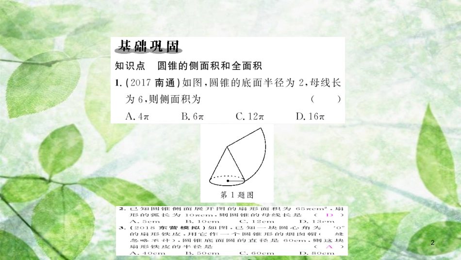 九年级数学上册 第二十四章 圆 24.4 弧长和扇形面积 第2课时 圆锥的侧面积和全面积习题优质课件 （新版）新人教版_第2页