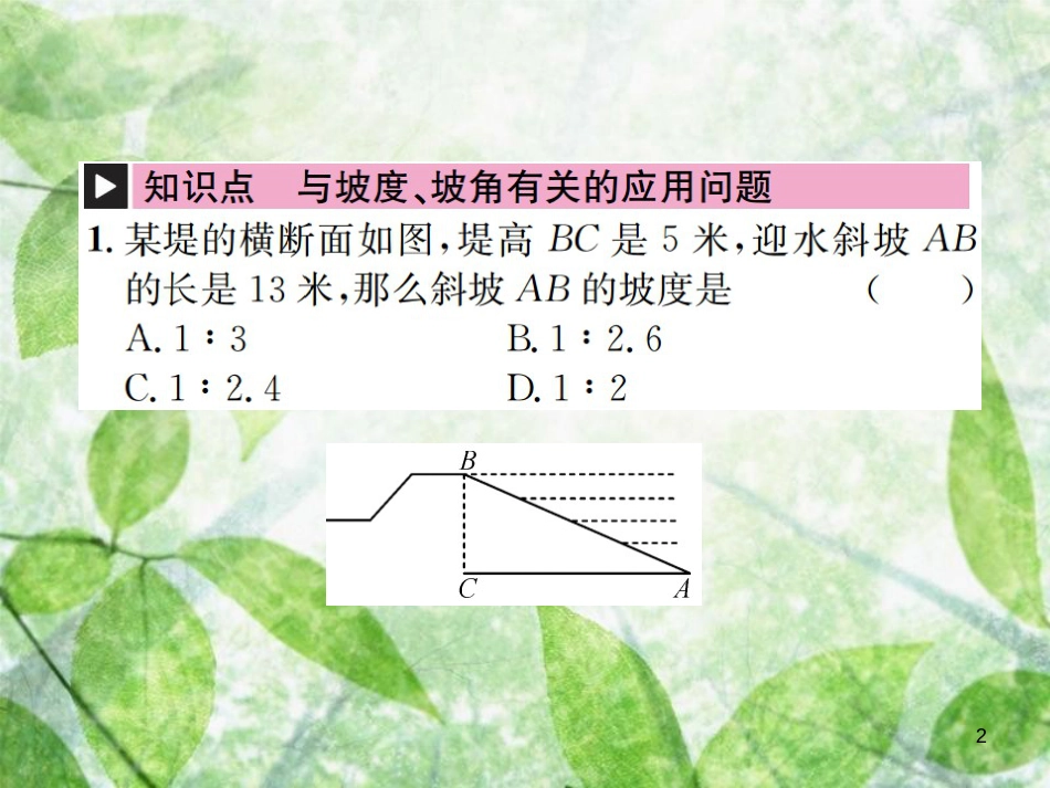 九年级数学下册 第二十八章 锐角三角函数 28.2 解直角三角形及其应用 28.2.2 应用举例 第3课时 与坡度、坡角有关的解直角三角形应用题习题优质课件 （新版）新人教版_第2页