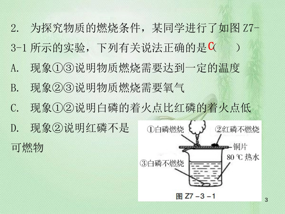 九年级化学上册 期末复习精炼 第七单元 燃料及其利用 专题三 燃烧和灭火优质课件 （新版）新人教版_第3页