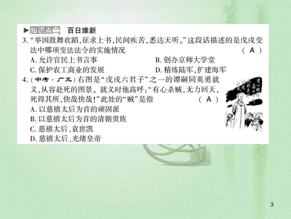 八年级历史上册 第1单元 列强侵华与晚清时期的救亡图存 第6课 戊戌变法习题优质课件 岳麓版_第3页