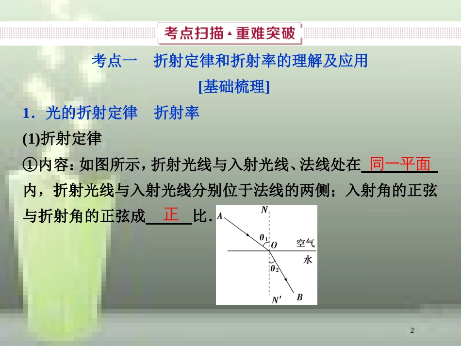 （新课标）2019届高考物理一轮复习 第14章 波与相对论 第三节 光的折射 全反射优质课件_第2页