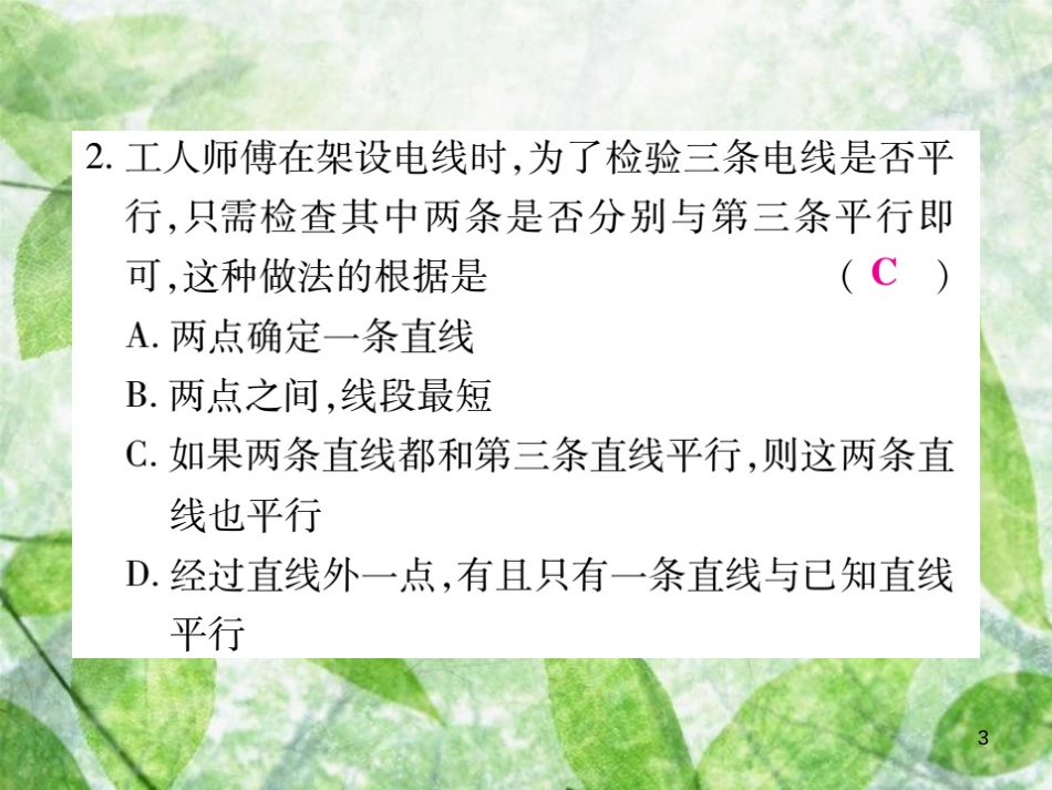 七年级数学上册 第5章 相交线与平行线 5.2 平行线 5.2.1 平行线练习优质课件 （新版）华东师大版_第3页