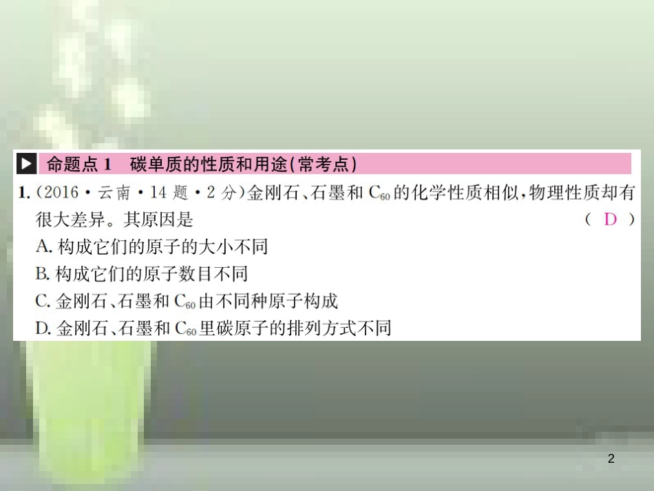 （云南专版）2019年中考化学总复习 教材考点梳理 第六单元 碳和碳的氧化物优质课件_第2页