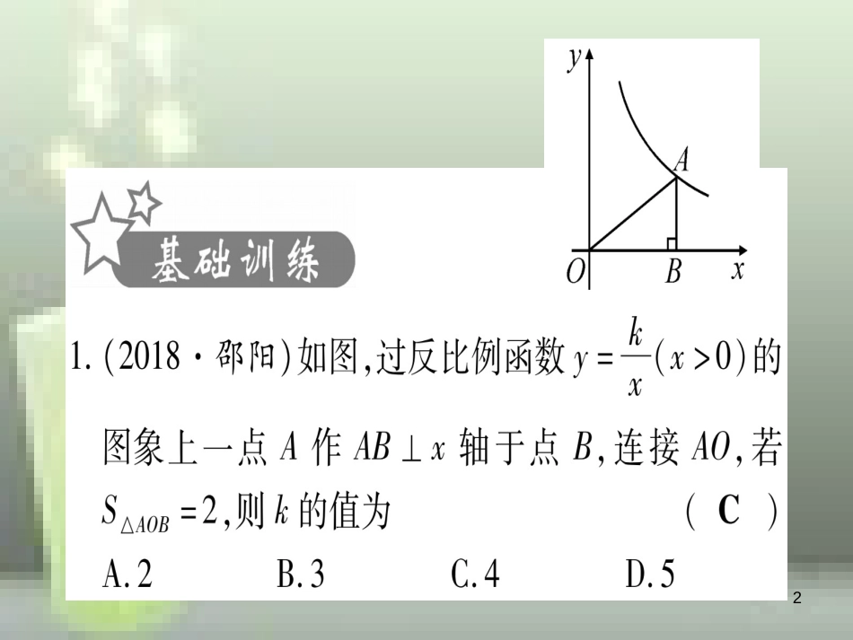（云南专用）2019中考数学 第一轮 考点系统复习 第3章 函数 第3节 反比例函数 课时2作业优质课件_第2页