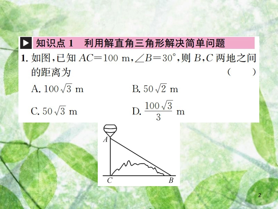 九年级数学下册 第二十八章 锐角三角函数 28.2 解直角三角形及其应用 28.2.2 应用举例 第1课时 与视角有关的解直角三角形应用题习题优质课件 （新版）新人教版_第2页