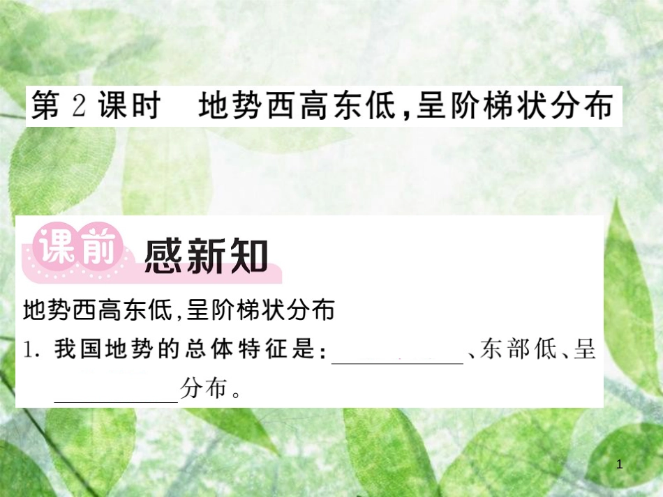 八年级地理上册 第2章 第一节 地形和地势（第2课时 地势西高东低 呈阶梯状分布）习题优质课件 （新版）新人教版 (2)_第1页