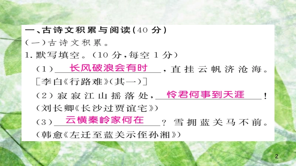 九年级语文上册 古诗文积累与阅读专训（二）习题优质课件 新人教版_第2页