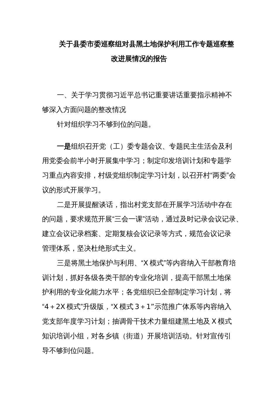 关于县委市委巡察组对县黑土地保护利用工作专题巡察整改进展情况的报告_第1页
