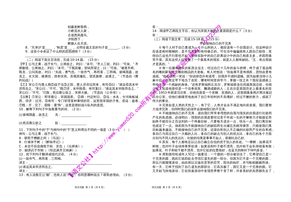 苏教版九年级第二学期期中考试语文试卷及答案_第2页
