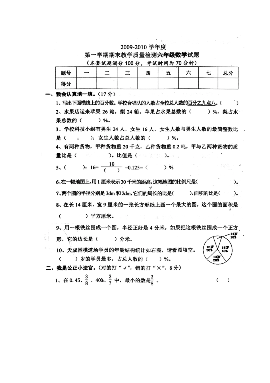 六年级数学上册期末试卷[共4页]_第1页