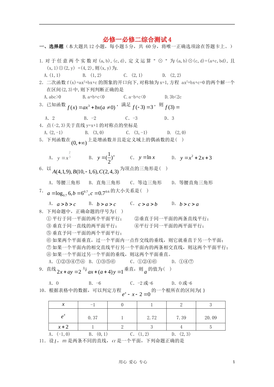高中数学 综合测试4 新人教B版必修1必修2_第1页