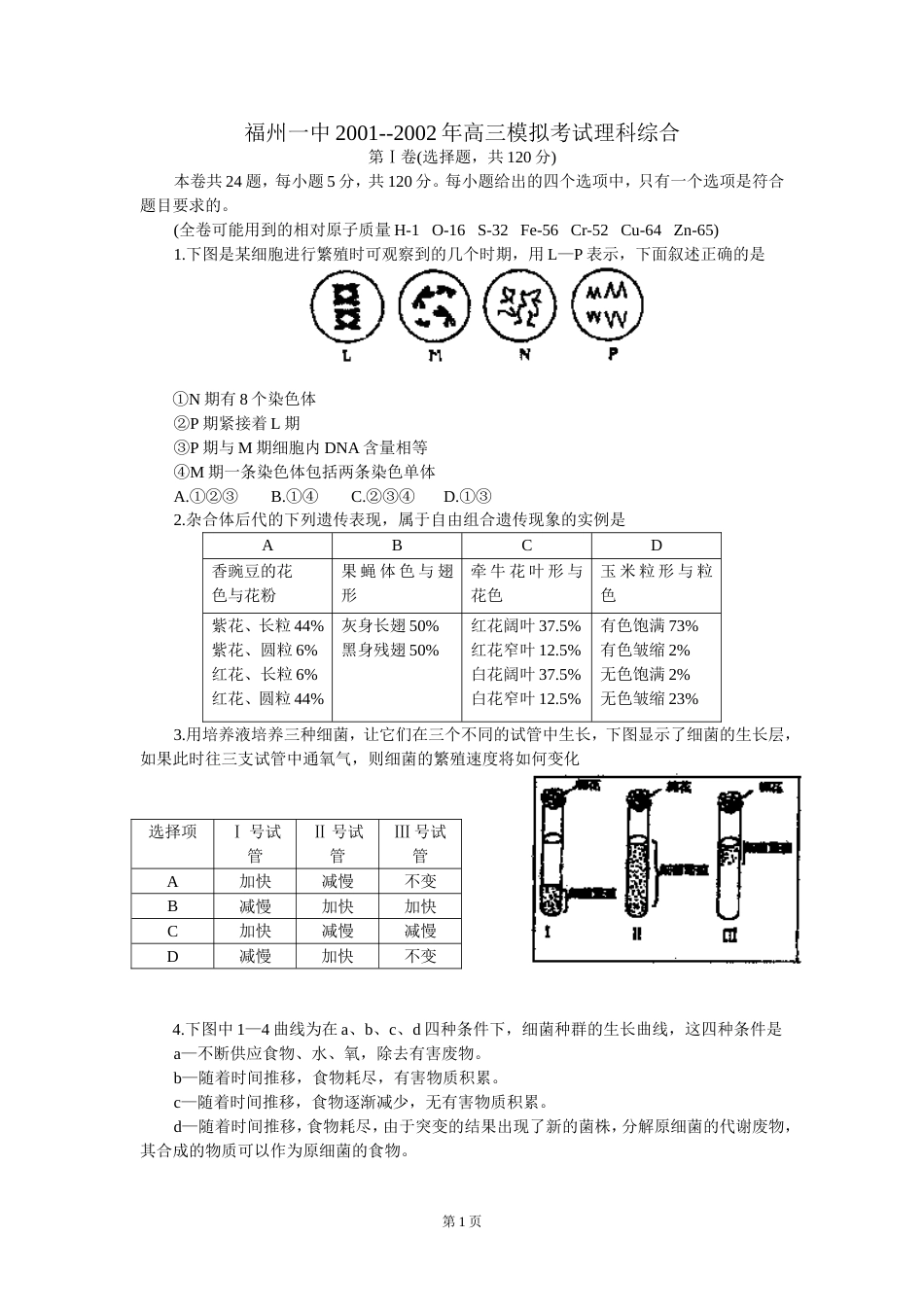 福州一中2001－－高三模拟考试理科综合_第1页