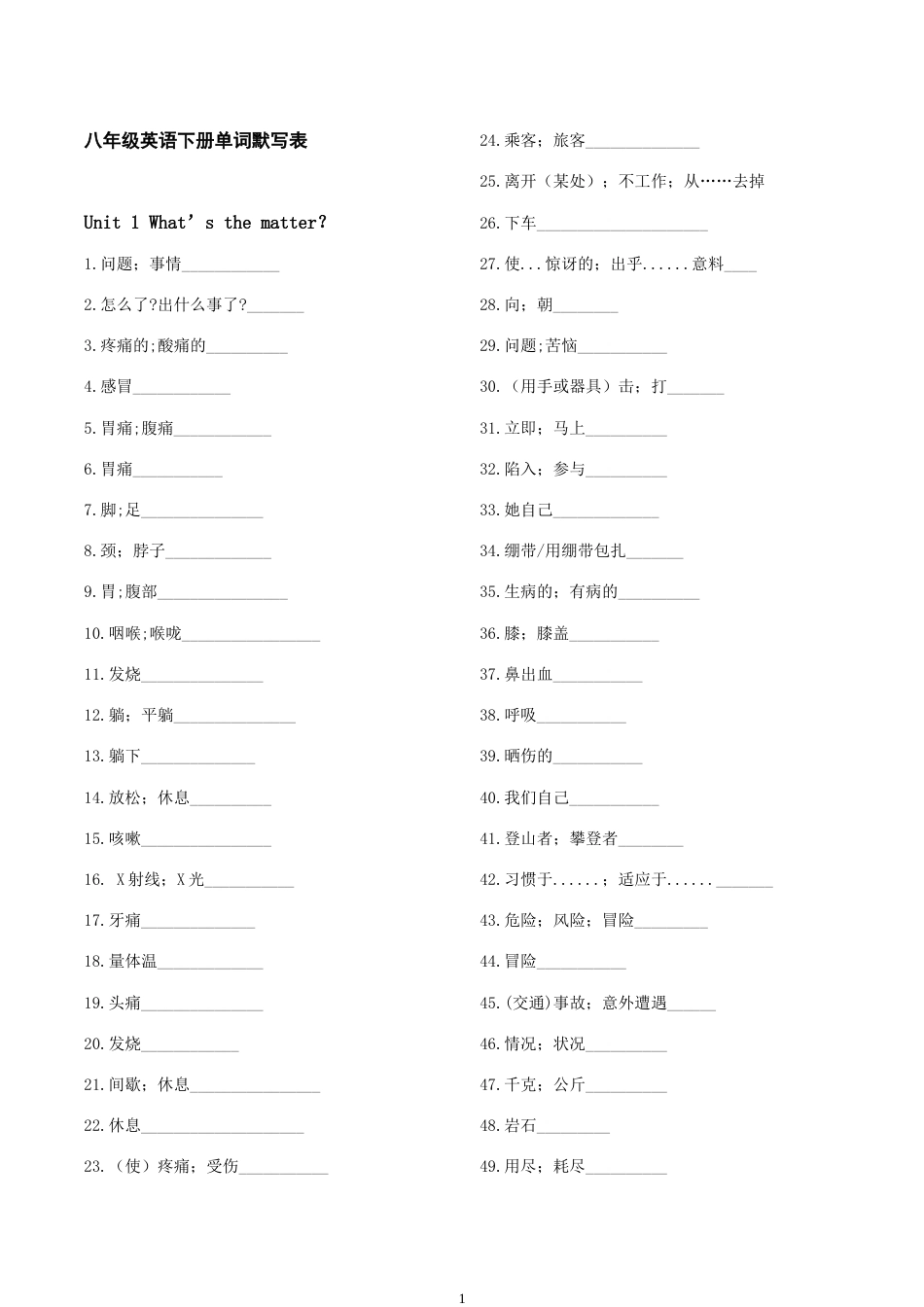 人教版八年级下册英语单词默写表[共7页]_第1页