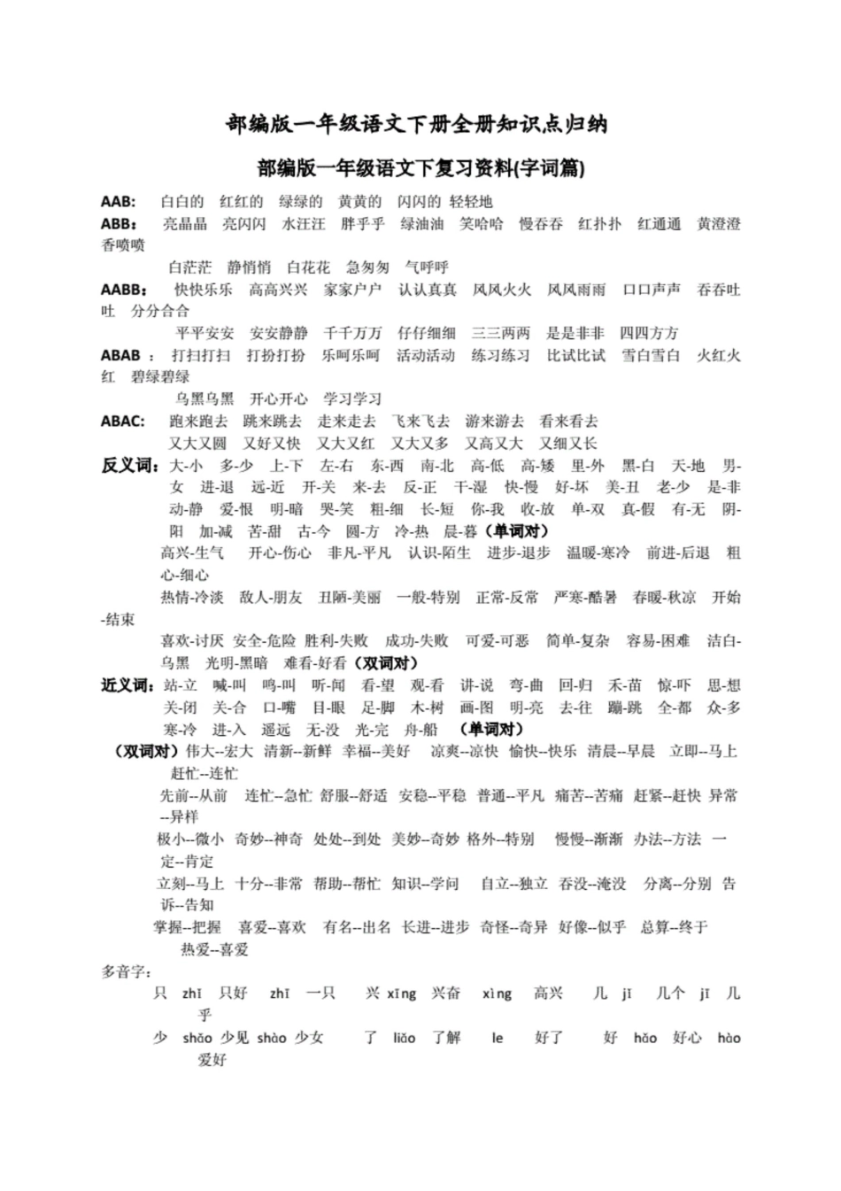 部编版小学一年级语文下册全册知识点归纳及练习试题(全册)[共50页]_第1页