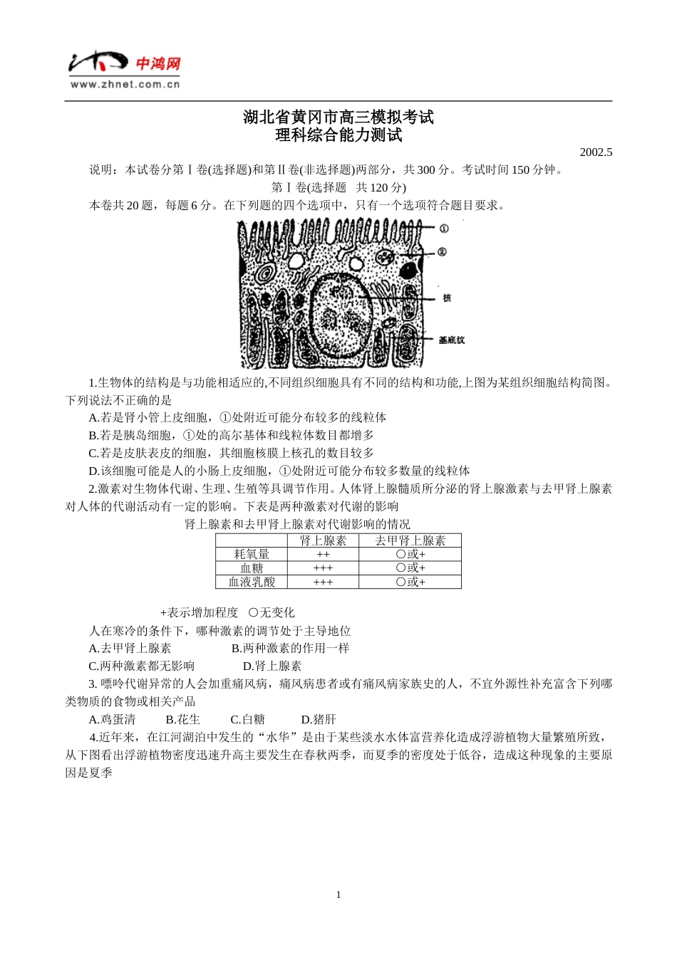 湖北省黄冈市高三模拟考试理科综合能力测试[共9页]_第1页