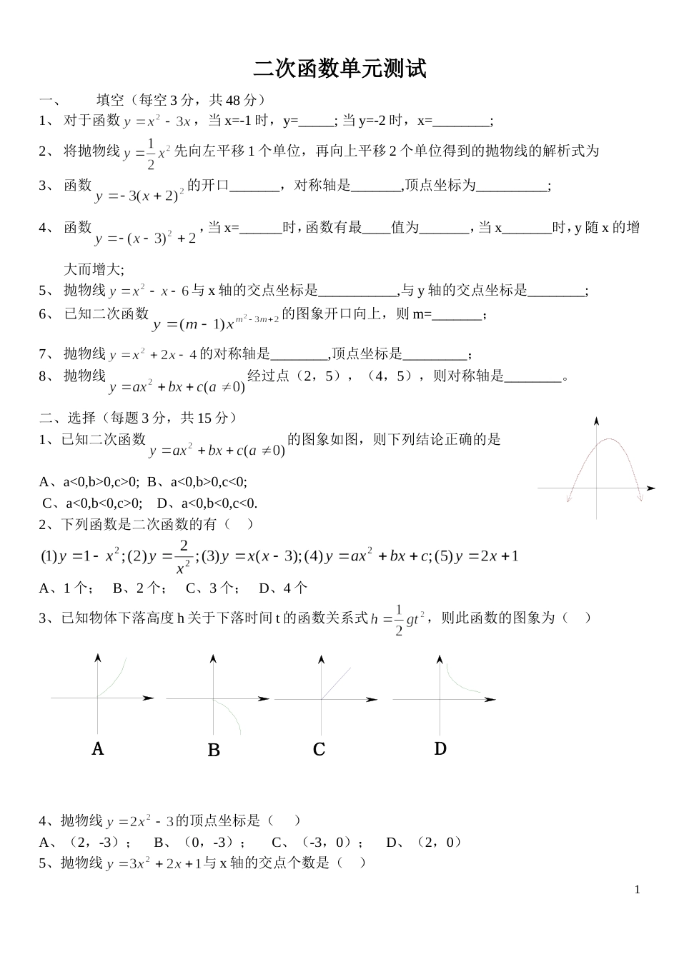 二次函数单元测试[共3页]_第1页