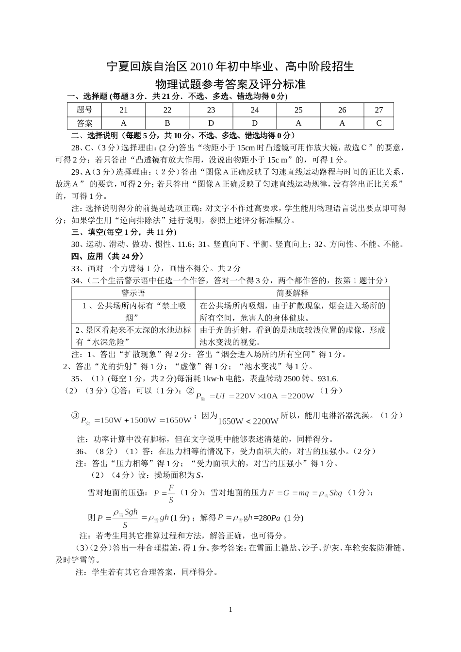 宁夏回族自治区初中毕业暨高中阶段招生物理答案_第1页