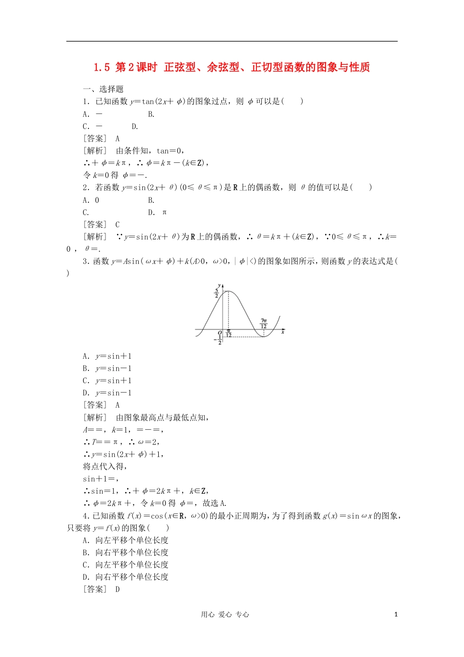 高中数学 1.5.2 正弦型、余弦型、正切型函数的图象与性质同步练习 新人教A版必修4_第1页