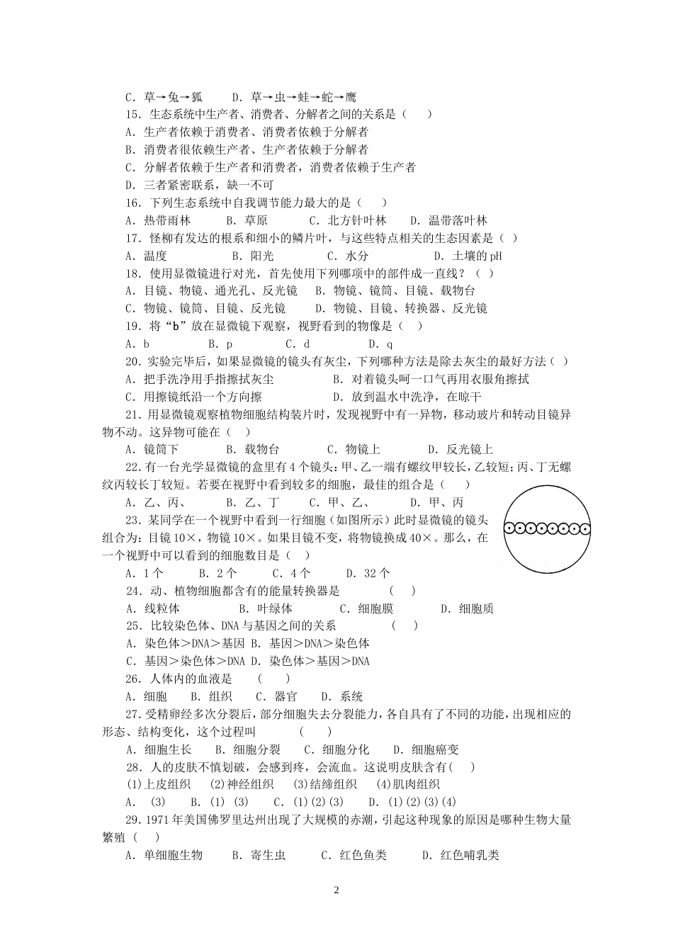 启黄中学初一年级秋季期末考试生物试题_第2页