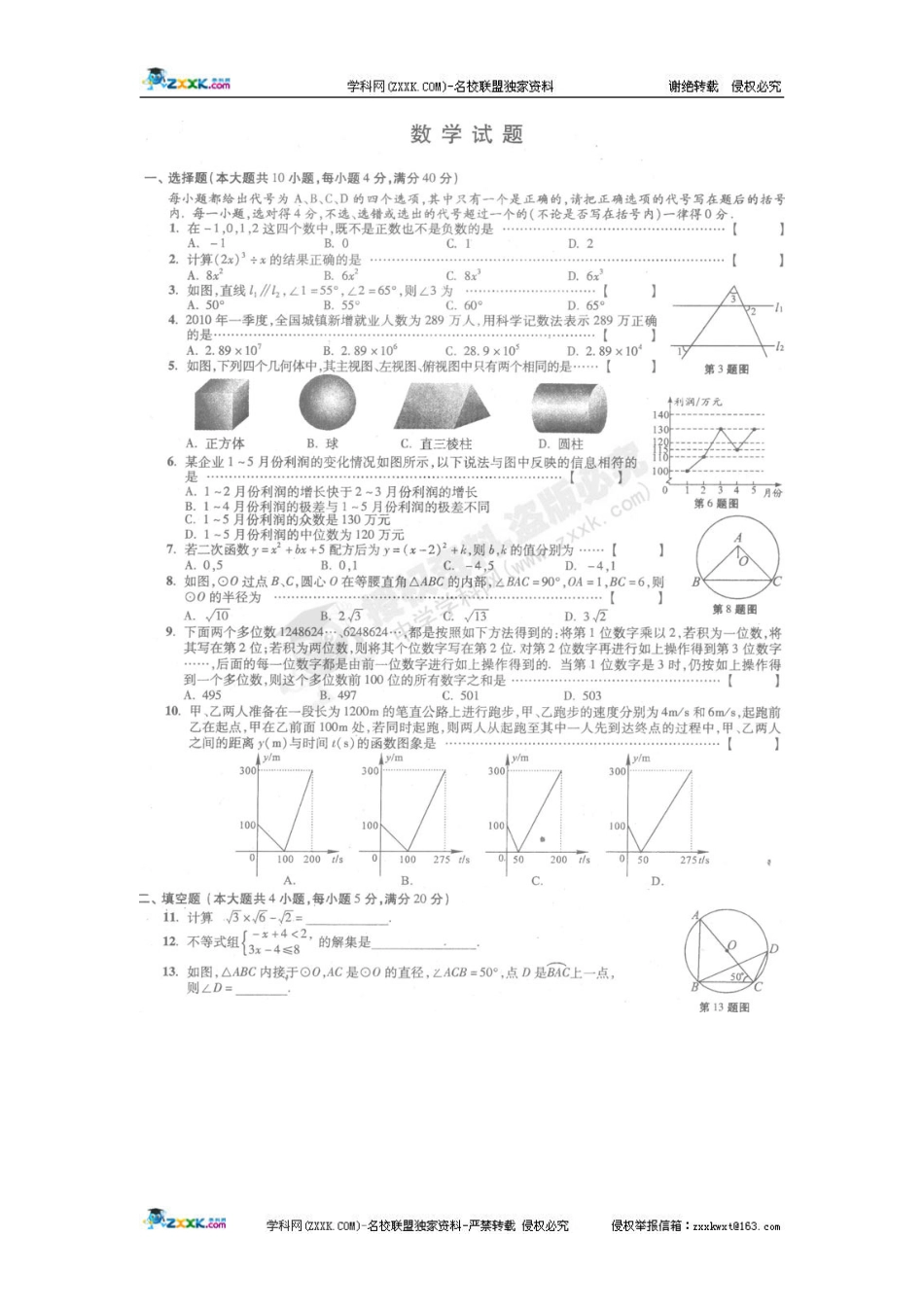 安徽省初中毕业学业考试数学试题（扫描版）_第1页