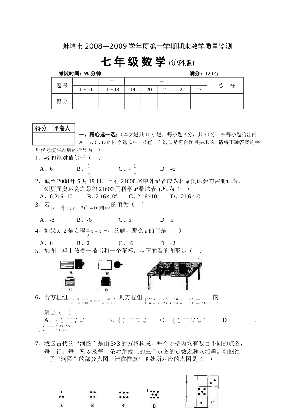 蚌埠市2008—2009学年度第一学期期末教学质量监测七年级数学_第1页