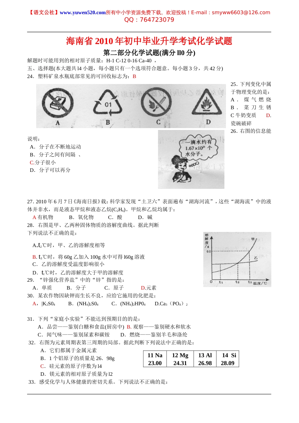 海南省中考化学试题及答案[共6页]_第1页