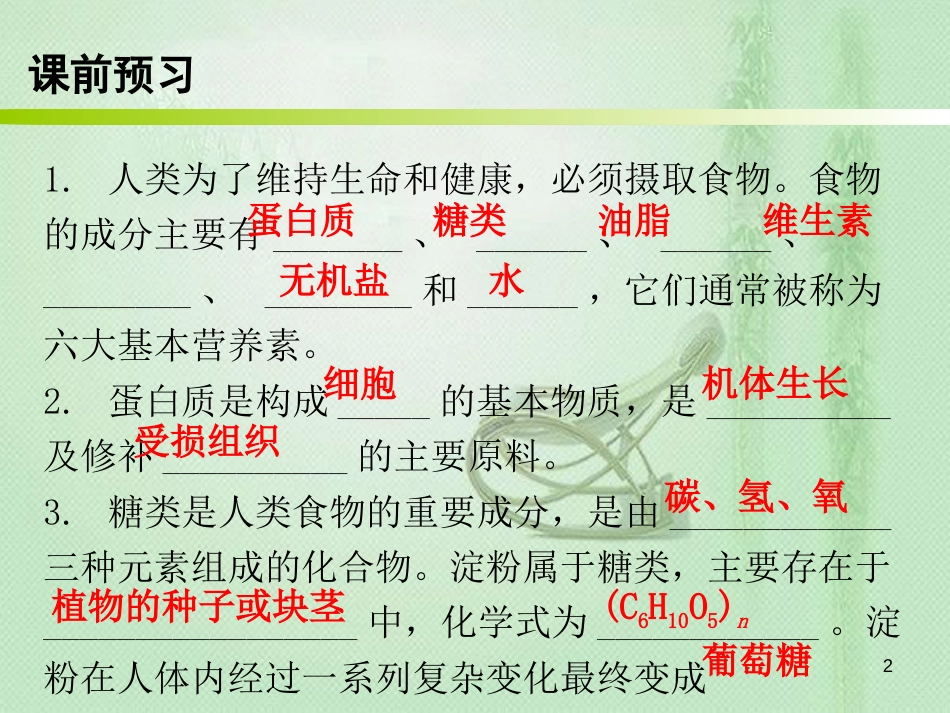 九年级化学下册 第十二单元 化学与生活 课题1 人类重要的营养物质（内文）优质课件 （新版）新人教版_第2页