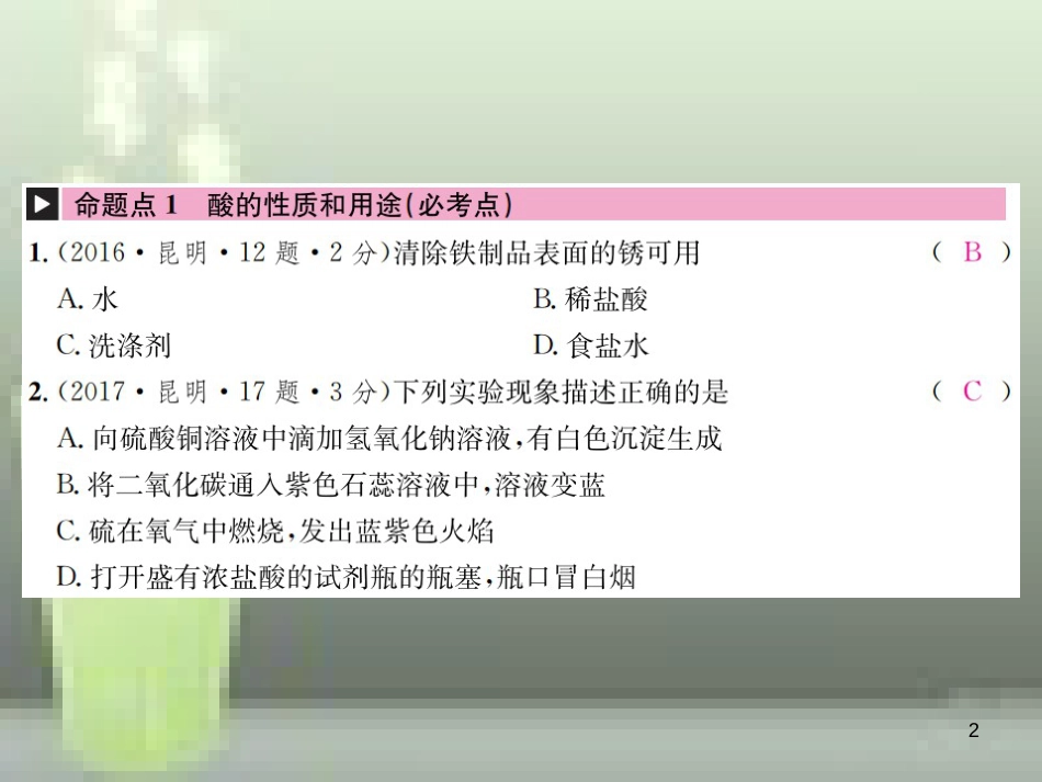 （云南专版）2019年中考化学总复习 教材考点梳理 第十单元 酸和碱 课时1 常见的酸和碱优质课件_第2页