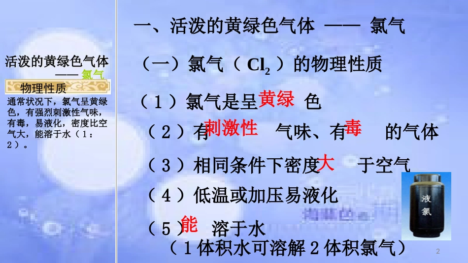 高中化学 第四章 非金属及其化合物 4.2 富集在海水中的元素--氯（第1课时）课件 新人教版必修1_第2页