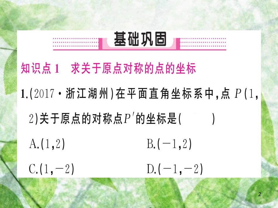 九年级数学上册 第二十三章 旋转 23.2 中心对称 23.3.3 关于原点对称的点的坐标习题优质课件 （新版）新人教版_第2页