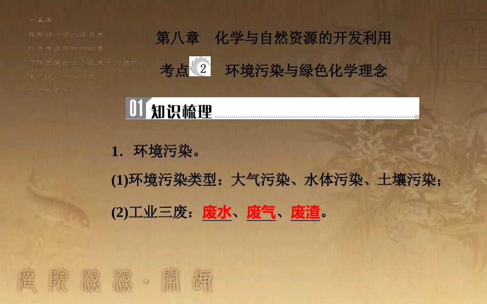高中化学学业水平测试复习 第八章 化学与自然资源的开发利用 专题十六 化学与资源的综合利用 环境保护 考点2 环境污染与绿色化学理念优质课件优质课件_第2页