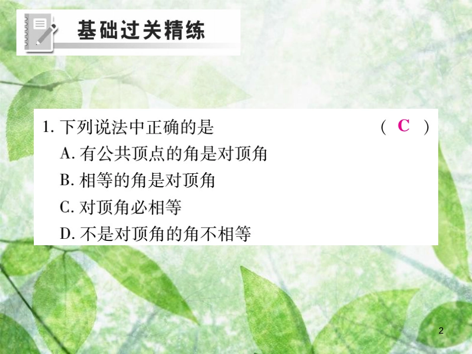 七年级数学上册 第5章 相交线与平行线 5.1 相交线 5.1.1 对顶角练习优质课件 （新版）华东师大版_第2页