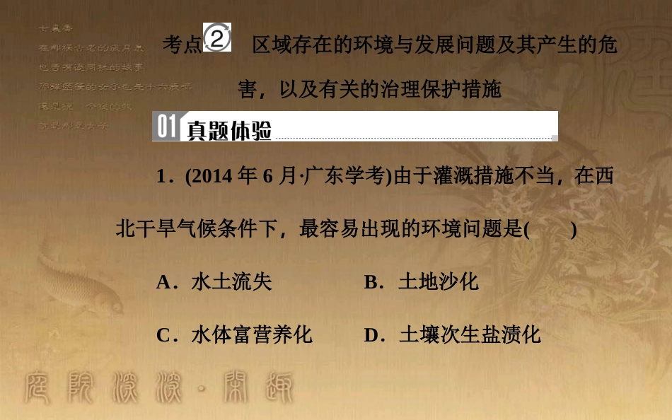 高中地理学业水平测试复习 专题九 区域可持续发展 考点2 区域存在的环境与发展问题及其产生的危害，以及有关的治理保护措施优质课件_第2页