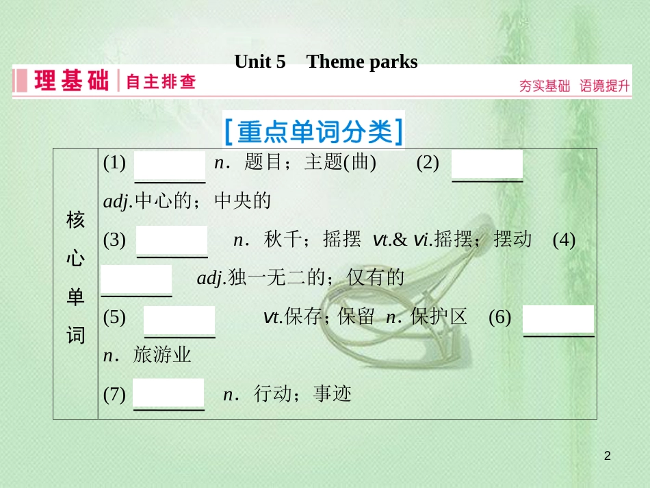 高三英语一轮复习 基础必备 Unit 5 Theme parks优质课件 新人教版必修4_第2页