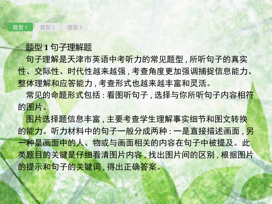 2018年中考英语总复习 提分特训精讲 第二编 题型解法指导 专题一 听力理解优质课件_第3页