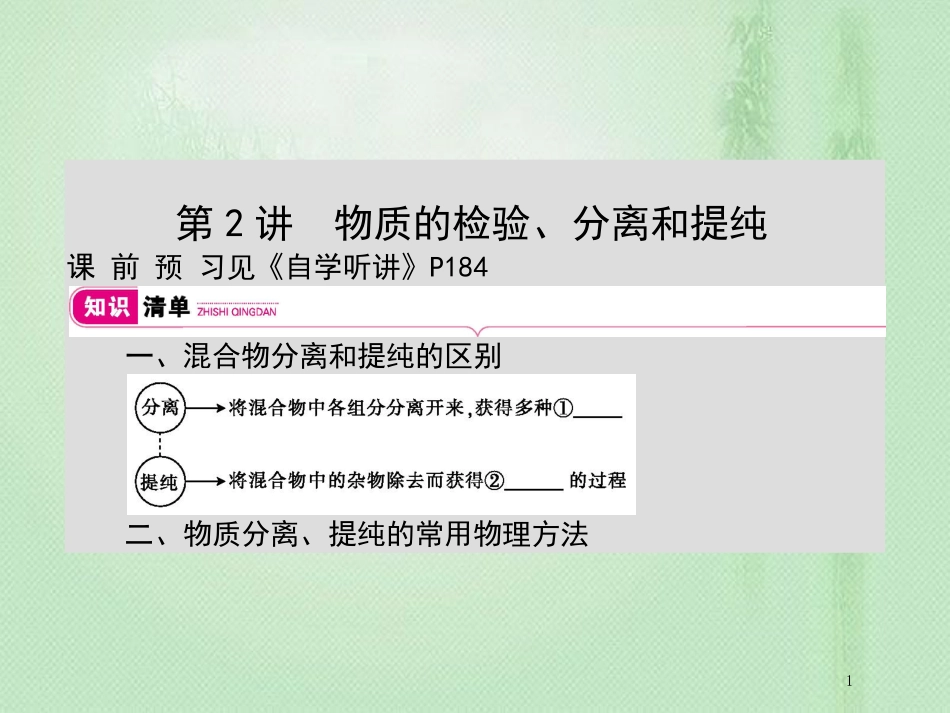 高考化学一轮复习 专题 化学实验基础 第2讲 物质的检验、分离和提纯优质课件_第1页