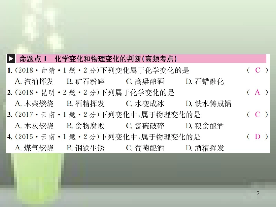 （云南专版）2019年中考化学总复习 教材考点梳理 第一单元 走进化学世界优质课件_第2页