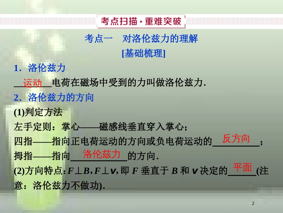 （新课标）2019届高考物理一轮复习 第9章 磁场 第二节 磁场对运动电荷的作用优质课件_第2页